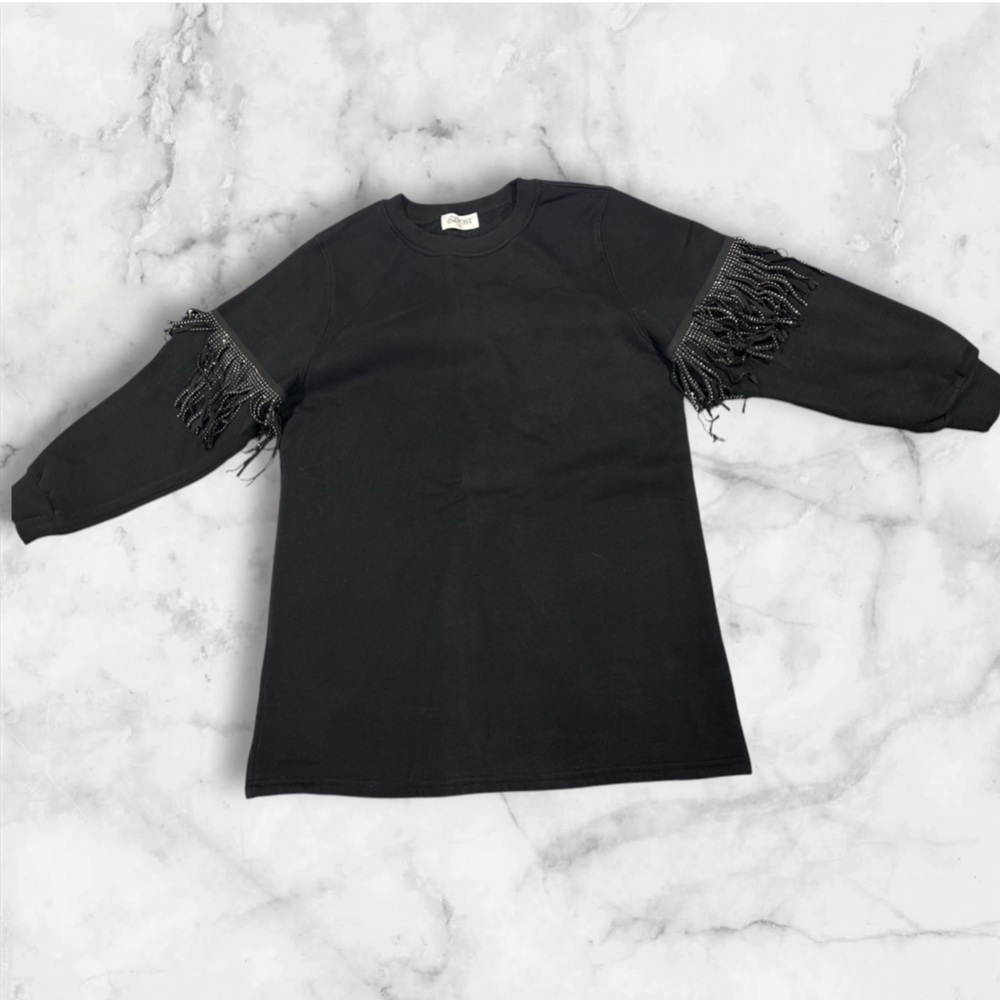 The Post Black Rhinestone Fringe Soft Cotton Sweater Dress Women’s Size Small